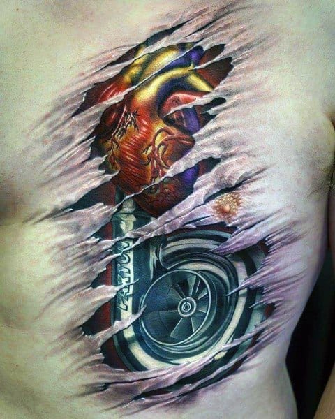 Hyper-realistic ripped skin tattoo on the chest featuring a mechanical turbocharger fused with an anatomically detailed heart, symbolizing passion for speed and power.