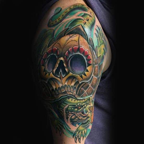 Guys Turtle Day Of The Dead Skull Upper Arm Tattoos