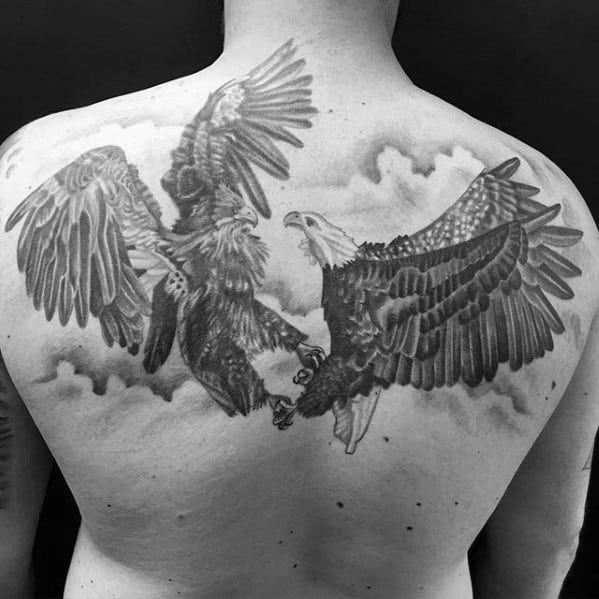 Guys Two Eagles In The Clouds Upper Back Tattoo