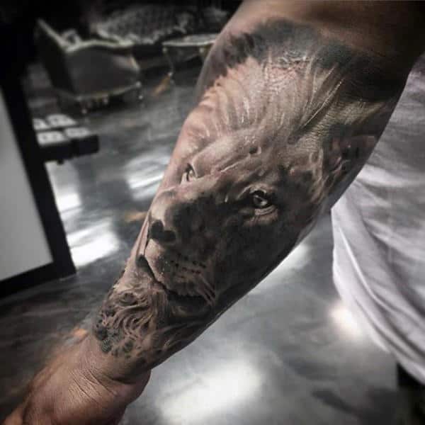 Guys Ultra Realistic 3d Lion Forearm Sleeve Tattoo Design