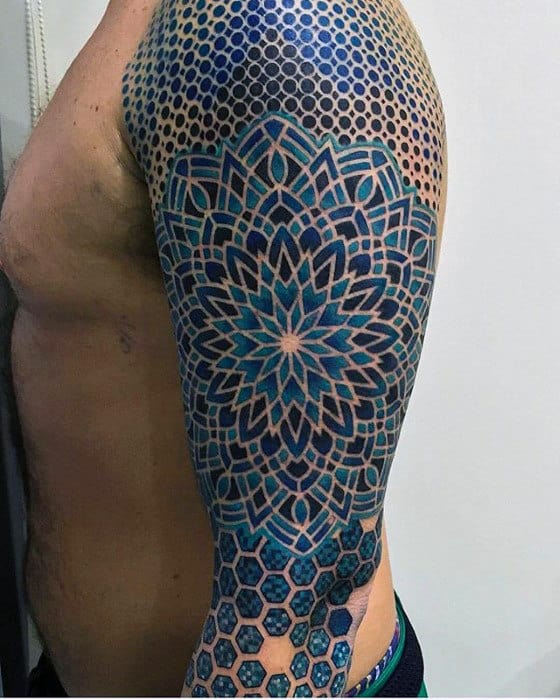 Guys Unbelievable Pattern Geometric Blue Ink Sleeve Tattoos