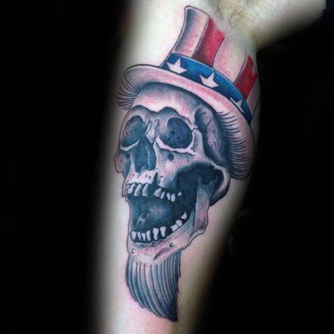 Uncle Sam skull tattoo with a wide open jaw, classic red and blue top hat, and detailed beard for a bold and eerie patriotic look.