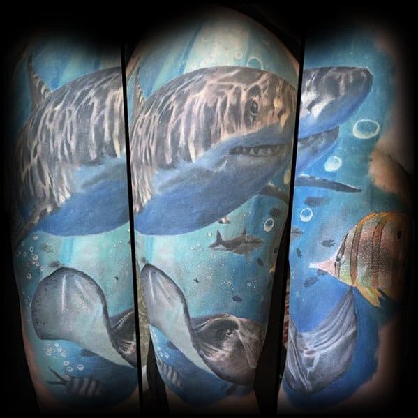 Guys Underwater Arm Half Sleeve Manta Ray Tattoo Design Ideas