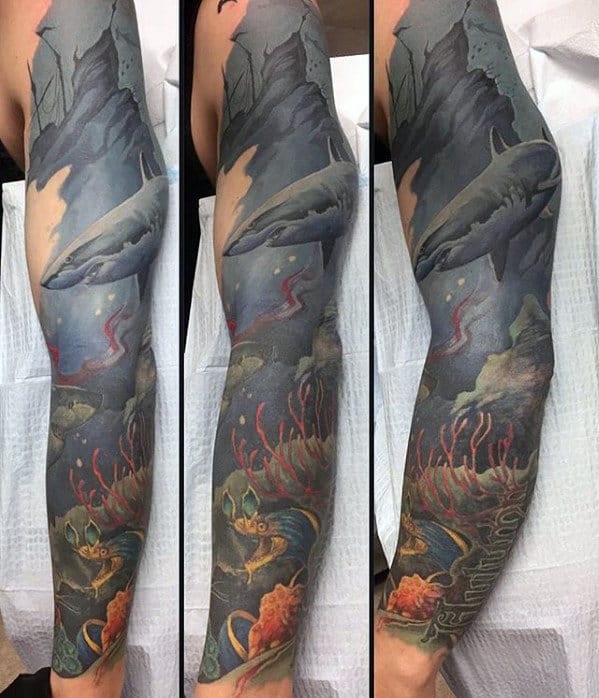 Guys Underwater Ocean Themed Shark Sleeve Tattoo