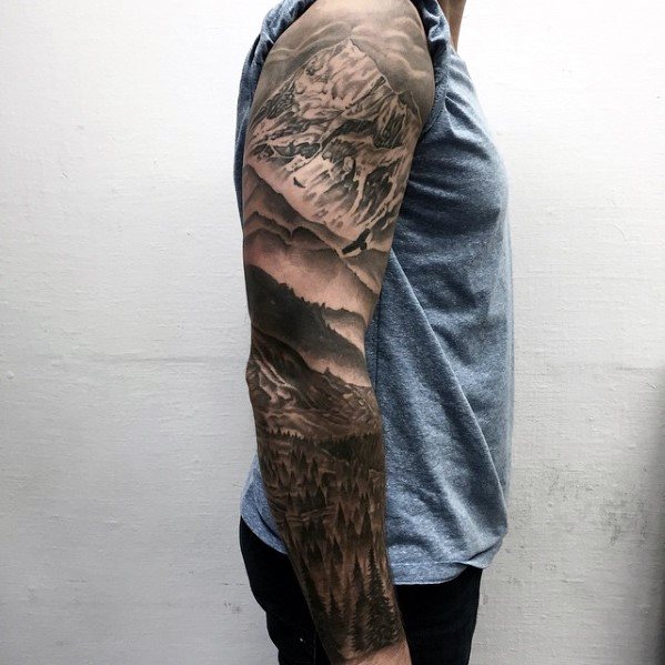 Guys Unique Arm Nature Landscape Themed Tattoo Sleeve