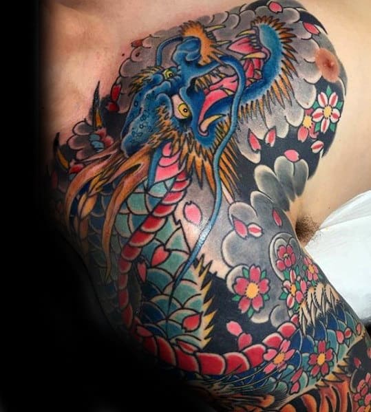 Guys Unique Japanese Floral Dragon Shoulder Tattoo