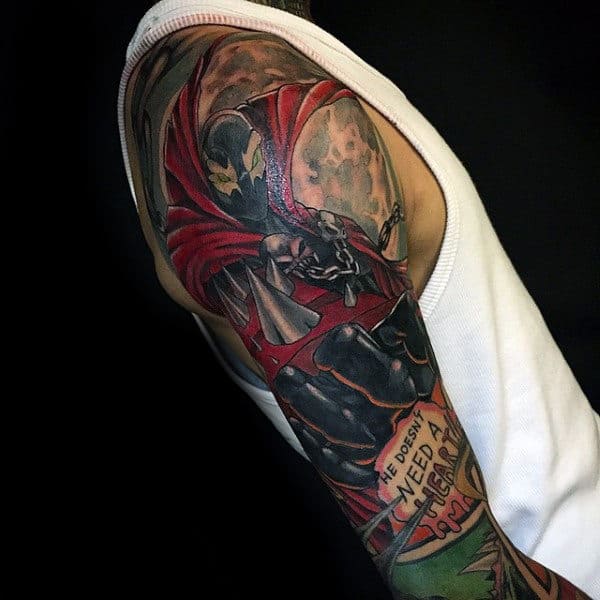 Guys Unique Spawn Themed Full Sleeve Tattoo Inspiration