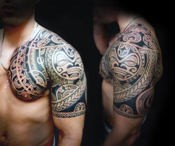 Guys Unique Tribal Chest And Half Sleeve Tattoo