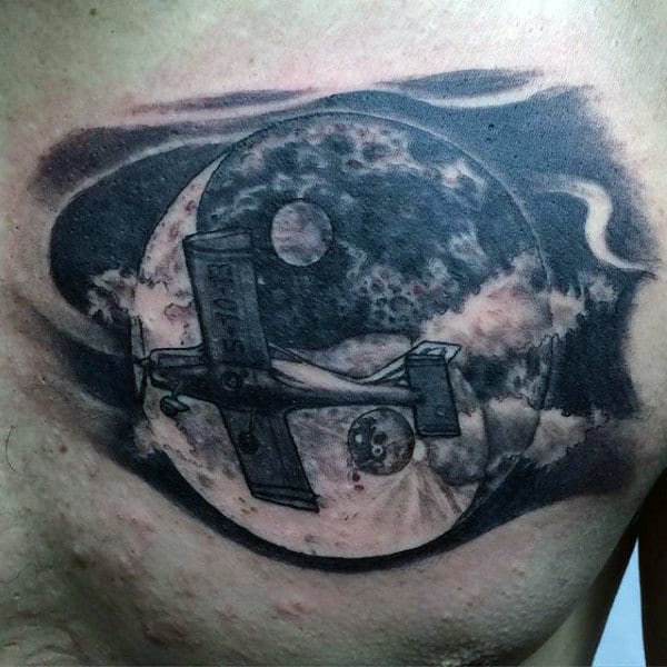 Guys Unique Yin Yang Tattoo With Airplane And Moon Design On Chest