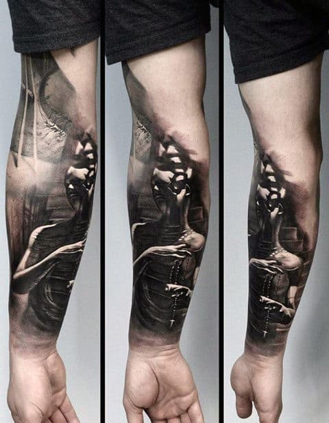Guys Unusual Forearm Sleeve Human Figure Tattoo