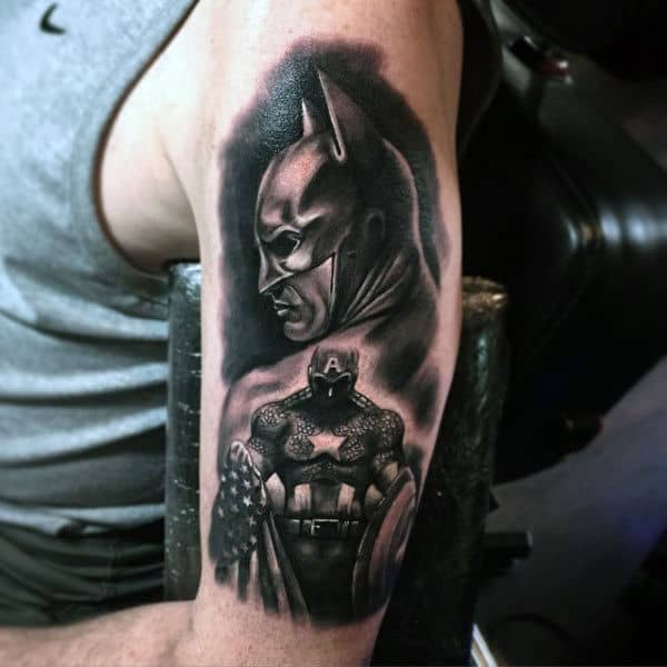 Guys Upper Arm Captain America Shaded Black Ink Tattoos