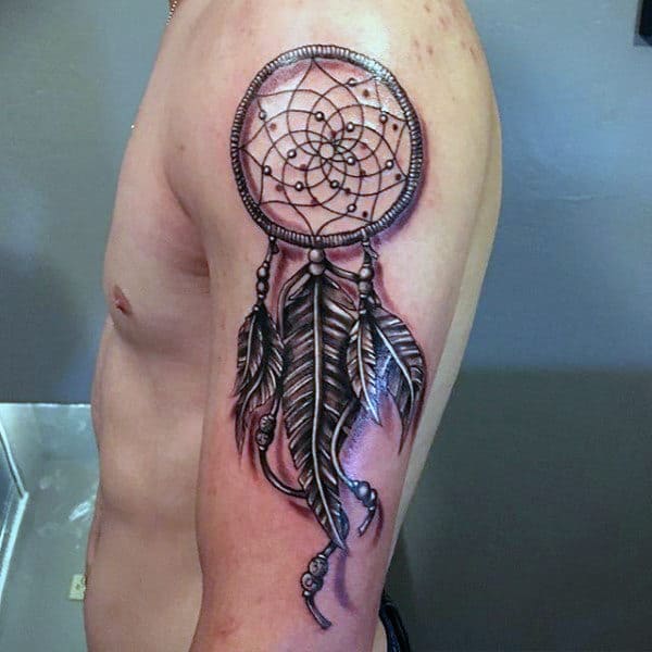 Guys Upper Arm Feather Dreamcatcher Tattoo Design Inspiration