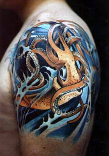 Guys Upper Arm Orange Squid Tattoo With Blue Waves