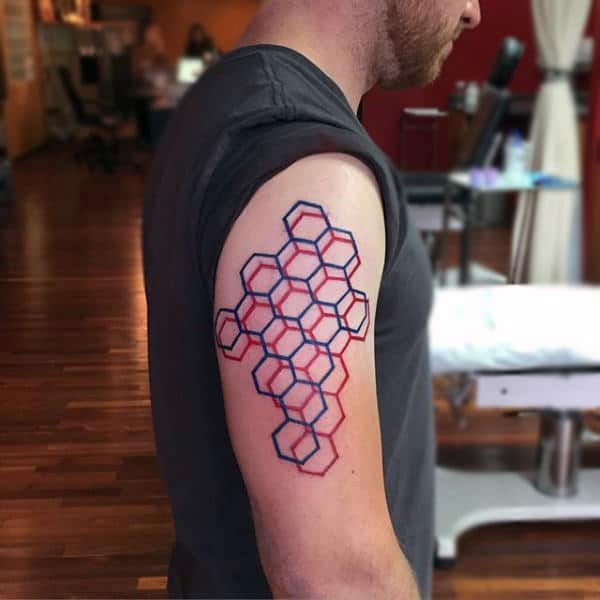 Guys Upper Arms 3D Black And Red Outlined Honeycomb Tattoo