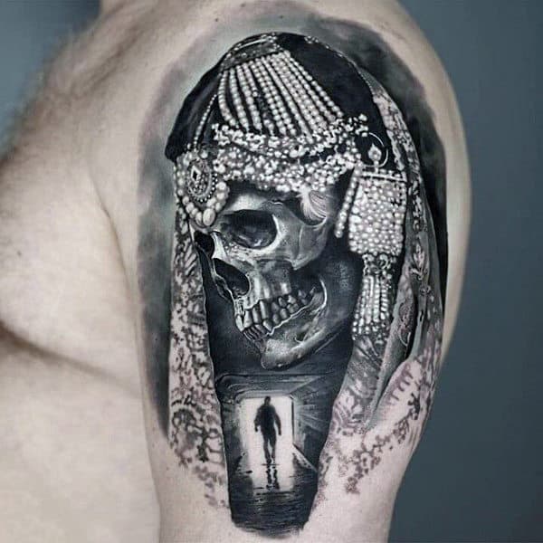 Guys Upper Arms Bejewelled Skull Tattoo