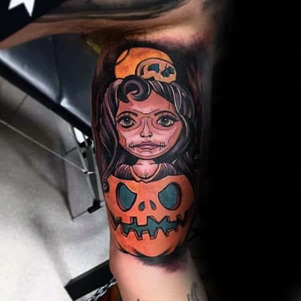 Guys Upper Arms Girl And Halloween Pumpkin Tattoo