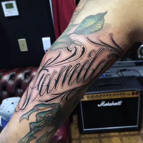 Guys Upper Arms Green Leaved Family Tattoo