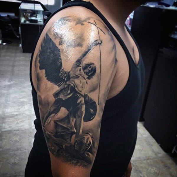Guys Upper Arms Interesting Tattoo Of Angel Victory