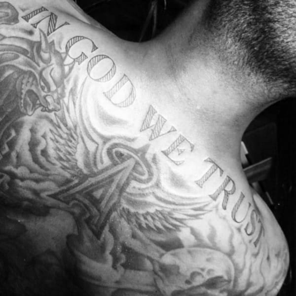 Guys Upper Back In God We Trust Word Tattoo Designs