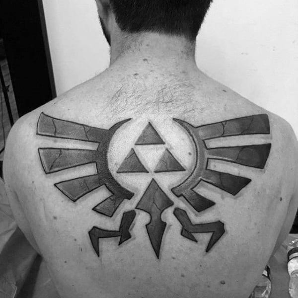 Guys Upper Back Shaded Zelda Triforce Video Game Tattoo