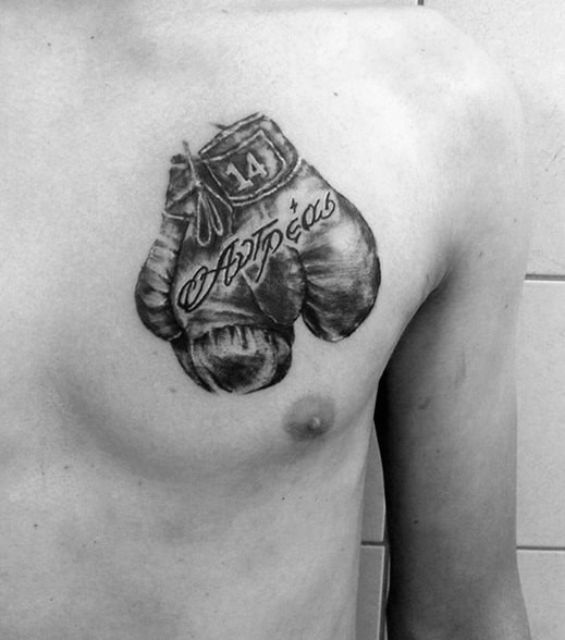 Guys Upper Chest Memorial Shaded Boxing Gloves Tattoo Design Inspiration
