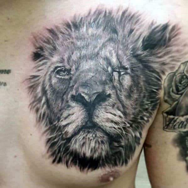 Guys Upper Chest Shaded Realistic Lion Tattoo