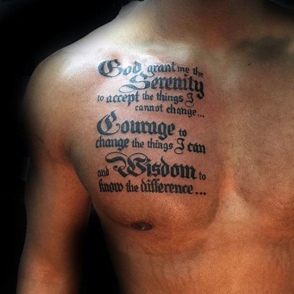 Guys Upper Chest Tattoo With Serenity Prayer Design