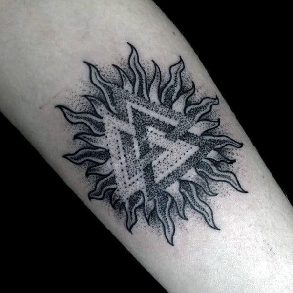 Guys Valknut Sun Tattoo On Inner Forearm