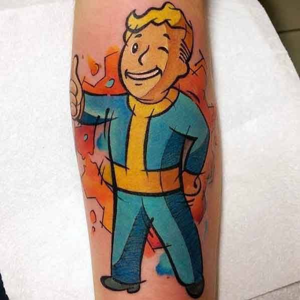 Vault Boy tattoo with a thumbs-up pose, featuring a vibrant watercolor-style orange and blue background for a dynamic Fallout look.