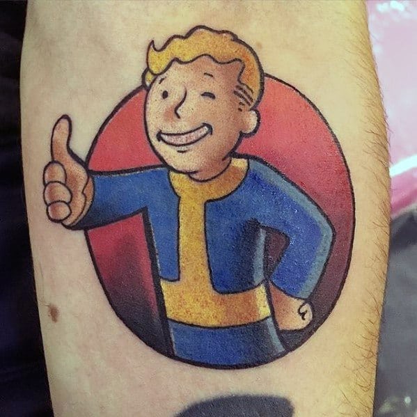 Vault Boy tattoo with a classic thumbs-up pose inside a red circle, shaded with soft gradients for a clean Fallout-inspired design.