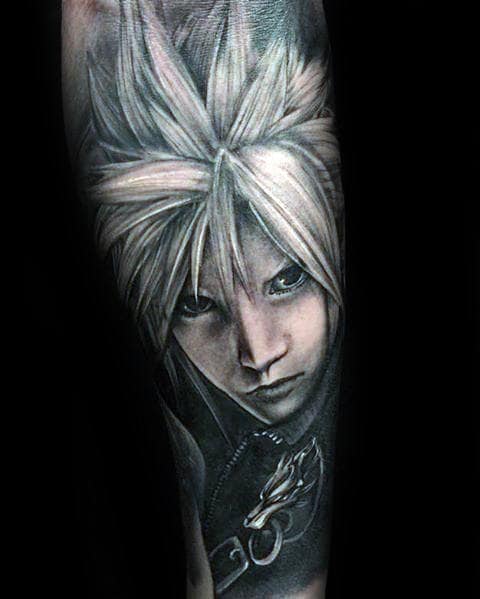 guys video game final fantasy cloud strife forearm sleeve tattoo