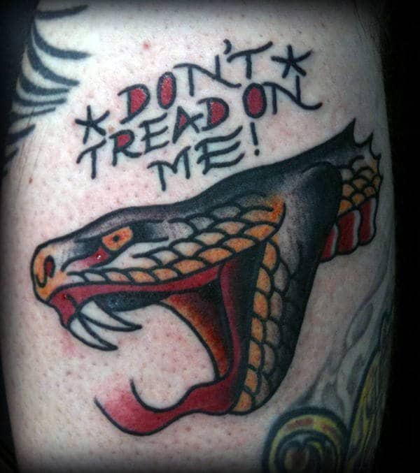 Guys Viper Head And Dont Tread On Me Text Calf Tattoo