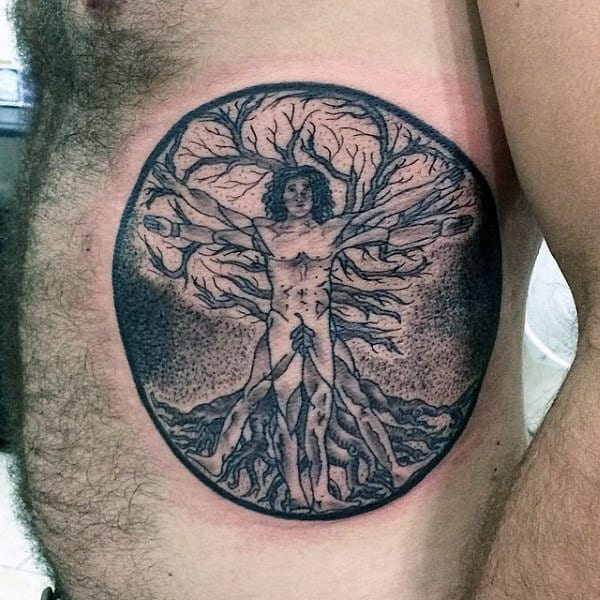 Guys Vitruvian Man Tree Of Life Dotwork Rib Cage Side Tattoos