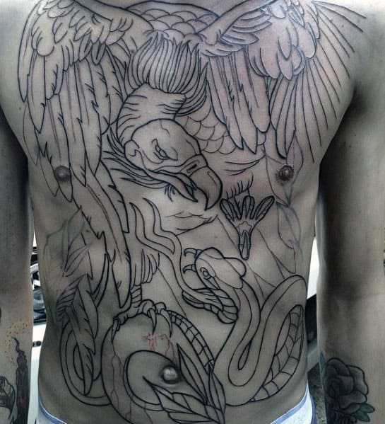 Guys Vulture Fighting Snake Full Chest Tattoo With Black Ink Outline Design