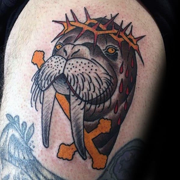 Guys Walrus Jesus Themed Arm Tattoos