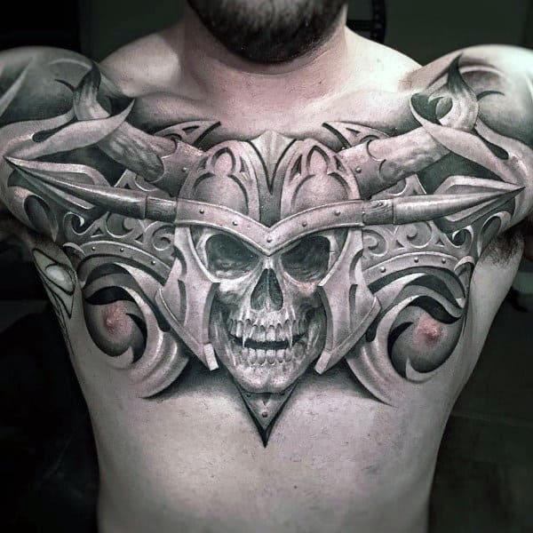 Guys Warrior Skull Helmet Upper Chest Tattoos