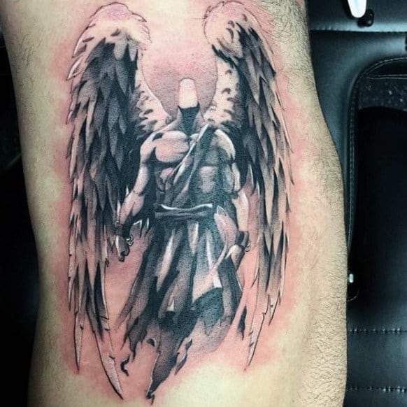 Guys Warrior With Huge Feathers Tattoo Side Ribs