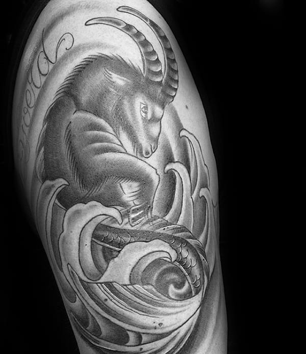 Guys Water Waves Capricorn Goat Tattoo On Upper Arm
