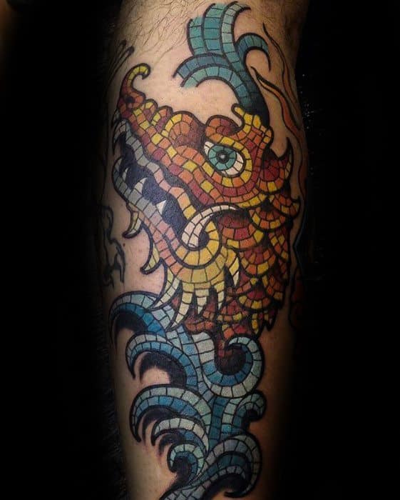 Guys Water Waves Dragon Leg Mosaic Tattoos