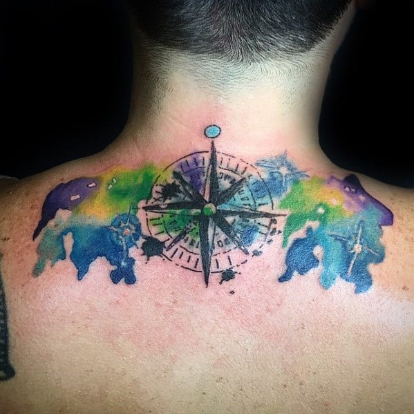 Guys Watercolor Compass Upper Back Tattoo