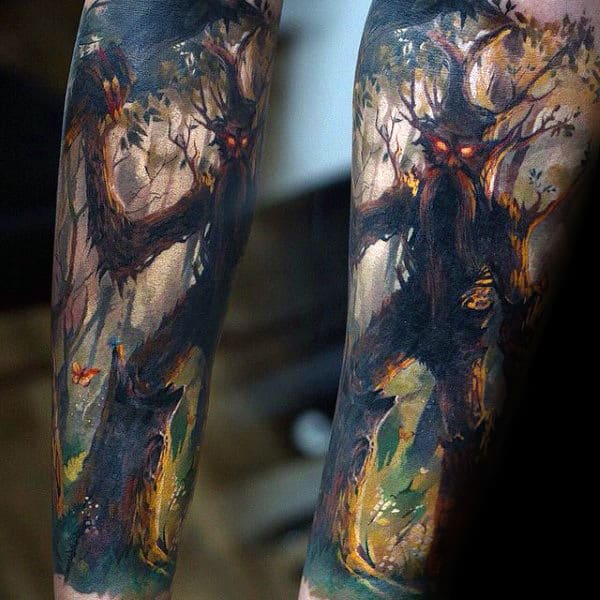 Guys Watercolor Lord Of The Rings Forearm Sleeve Tattoo Designs