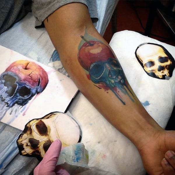 Guys Watercolor Skull Inner Forearm Tattoo