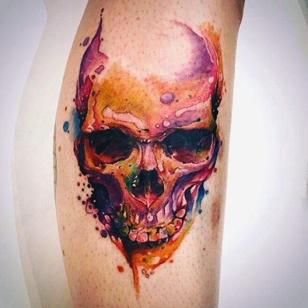 Guys Watercolor Skull Tattoo Design Ideas On Leg Calf