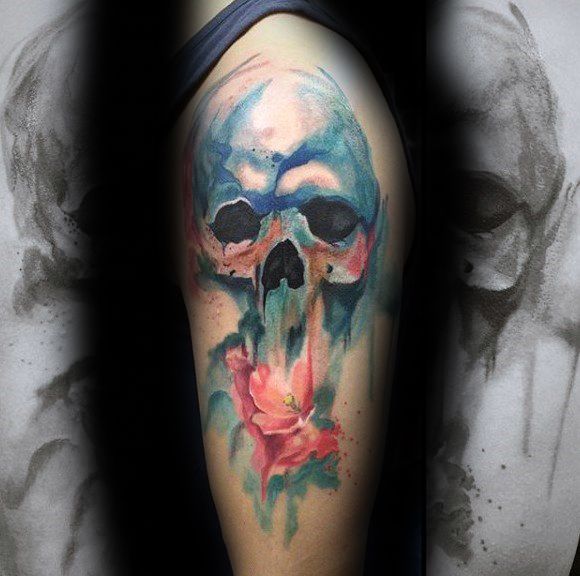 Guys Watercolor Skull Tattoos On Arm