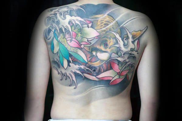 Guys Watercolor Tattoos With Arowana Design On Upper Back