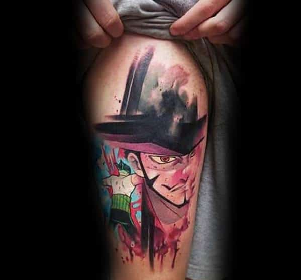 Guys Watercolor Thigh Anime Tattoo Design Ideas