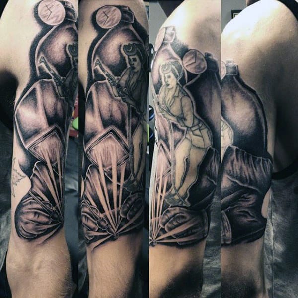 Guys Welding Black And Grey Shaded Tattoo Deson On Arm