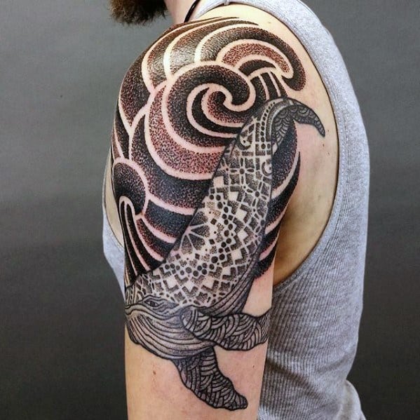 Guys Whale Japanese Waves Geometric Arm Tattoos
