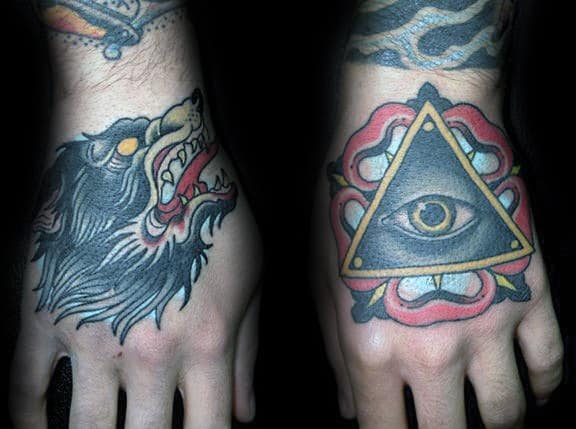 Guys Wolf And All Seeing Eye Traditional Hand Tattoo Ideas