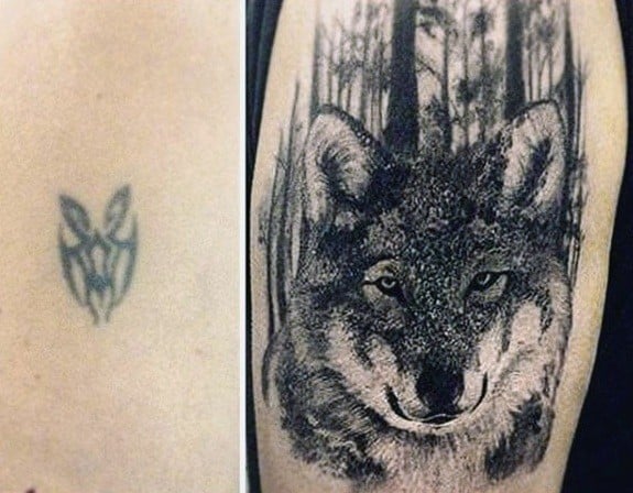 Guys Wolf In Forest Tattoo Cover Up Ideas On Arm